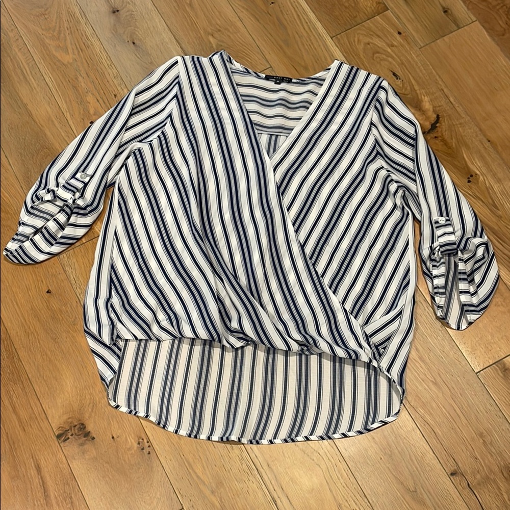 West Kei White and Blue 3/4 Sleeve Wrap Blouse